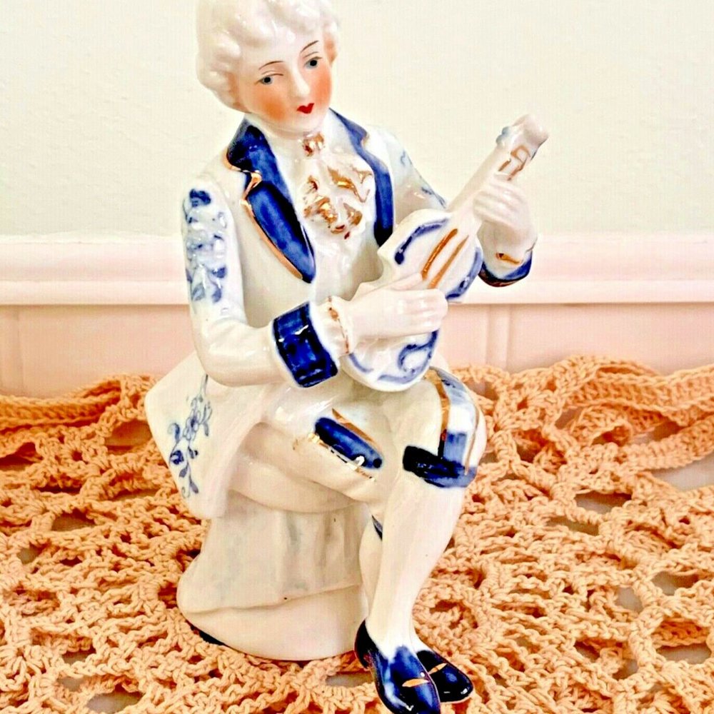 VTG Porcelain Figurine Blue White Man with Mandolin